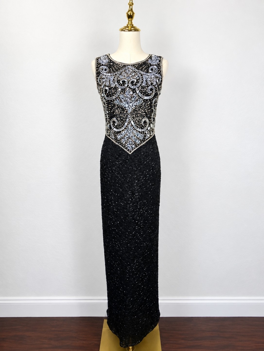 Vintage 1980s Lawrence Kazar Beaded Silk Art Deco Black Silver Evening Maxi Gown